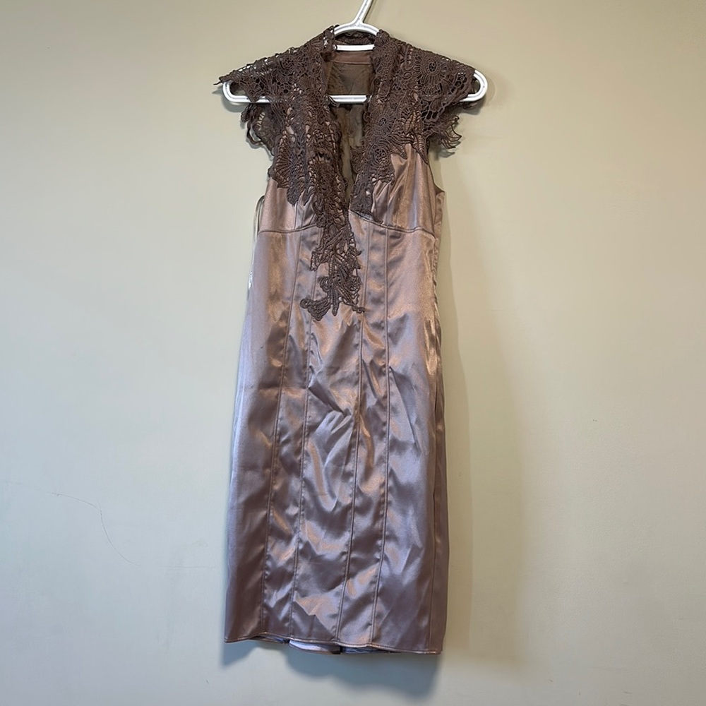 Elegant Brown Lace-Trim Satin Dress